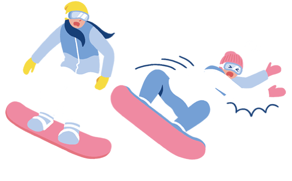 スノーボードをしていて転ぶ人のイラスト